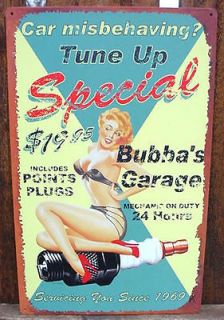 Vintage BUBBAS GARAGE Metal Sign TUNE UP Pin Up Girl Tin