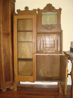   Antique Oak Side Secretary glass door cabinet, desk, beveled mirror