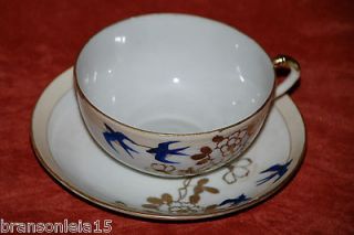   HAND PAINTED NIPPON CHINA CUP SAUCER BLUE BIRDS/ GOLD GUILD FLOWERS