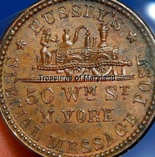 OLD US CIVIL WAR TOKEN 1863 HUSSEYS TRAIN TIME IS MONEY COIN!