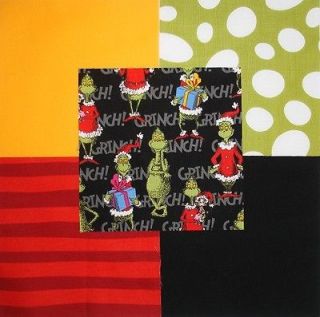   GRINCH STOLE CHRISTMAS blk Grn dot Org Red/R Quilt Fabric Squares