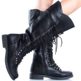 Black Lace Up Zipper Combat Military Womens Flat Knee High Boots Size 