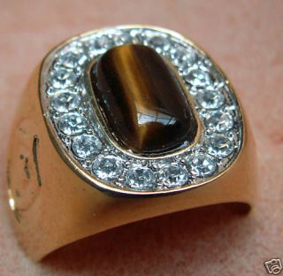 TIGER EYE Russian CZ mens ring 18K gold overlay size 12