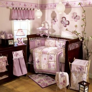   Butterflies and Flowers Purple Baby Girl Nursery 10pc Crib Bedding Set