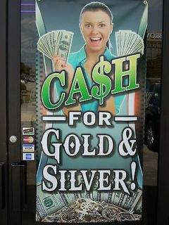   GOLD / SILVER Banner Sign Coin, Jewelry, We Pay CASH 4 GOLD PAWN SHOP
