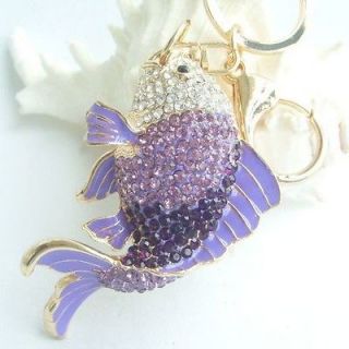 Purse Charming Fish Carp Key Chain w Purple&Clear Rhinestone Crystals 