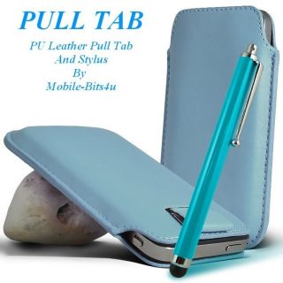 Light Blue Premium Leather Pull Tab Cover Pouch and Stylus for Various 
