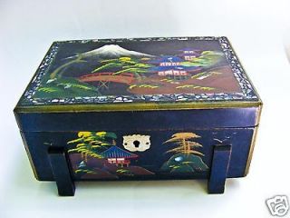   JAPAN BLACK LACQUERED WITH INLAID ABALONE SHELL MUSICAL JEWELRY BOX