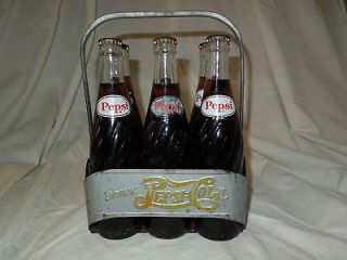 Vintage Antique Metal PEPSI Cola Carrier with 6 FULL Unopened Bottles