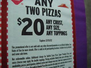 10 PIZZA HUT COUPONS 2 FOR 20.00 ANY 2 PIZZA