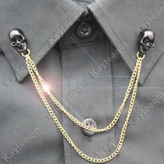 Black Skull Collar Neck Tip Brooch Pin Gold Chain Tassels Goth Punk 