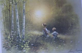 ANDRES ORPINAS Two Children in woods picking wildflowers