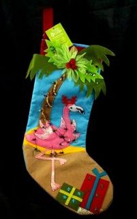 Pink FLAMINGO Christmas Stocking NWT Antlers Palm Tree Coconuts Beach 