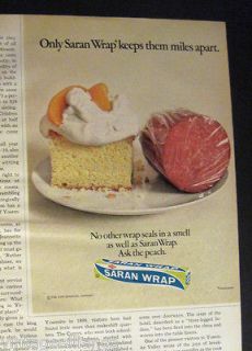  of salami & Peach Cake w/ Saran Wrap plastic by Dow 1970 Print Ad