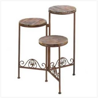   Rustic wrought iron metal weathered wood triple plant flower pot stand