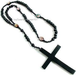   Big Wood Cross Pendant Wooden Beads Prayer Rosary Necklace Unisex 27