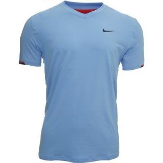 New Nike Roger Federer Hard Court Tennis V Neck Shirt Light Blue 