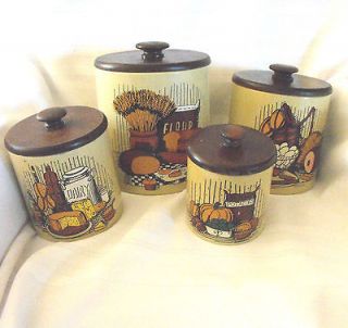 Vintage Metal Canister w/Wood Lids Country Kitchen by Ransburg Ind USA 