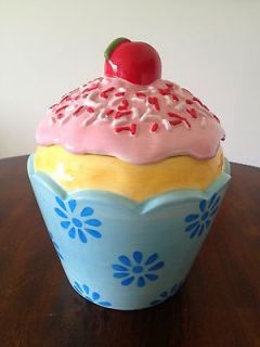 59 ceramic cupcake cookie jar pink yellow blue cherry on top 