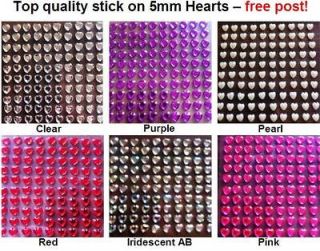 100 X 5MM SELF ADHESIVE DIAMANTE HEARTS  STICK ON GEMS STICKY CRYSTAL 