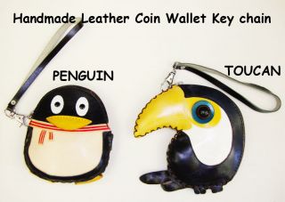 Handmade PENGUIN TOUCAN BIRD Leather coin wallet with zipper Key chain