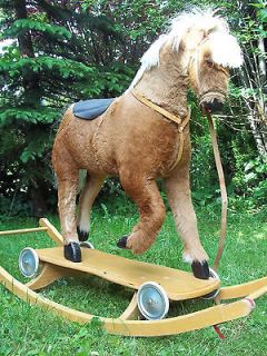 ANTIQUE GERMAN ROCKING HORSE 1930s STABLE w. REAL FUR CHEVAL CAVALLO 