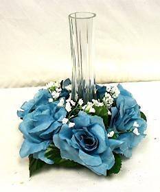   BLUE CANDLE RINGS Silk Roses Wedding Flower Centerpiece Unity Candle