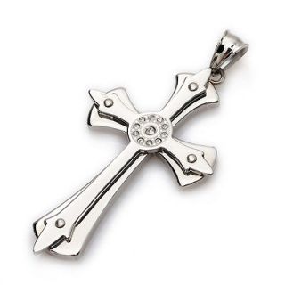 Stainless Steel Silver Cz Stone Charm Mens Cross Pendant Necklace P020