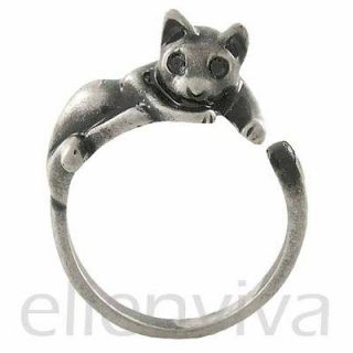 Enhanced Relaxing Cat Animal Wrap Ring Sizes 5 9 Vintage Silver Tone 