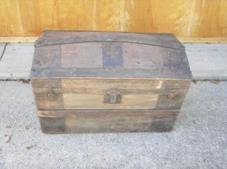 Antique Wood Steamer Trunk Large Camelback Chest Wrought Iron Hardware 
