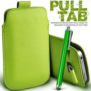 Green Pull Tab Leather Pouch Case & Stylus Pen for Alcatel OT 918D