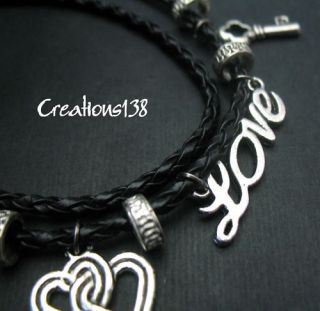Heart Key Black Braided Leatherette Bracelet Anklet