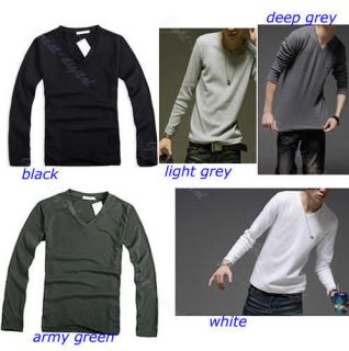 Muscle Ribbed Mens Slim Fit Cotton Lycra V Neck Long Sleeve Casual T 
