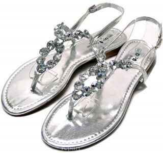 New womens sandals shoes t strap open toe rhinestones silver