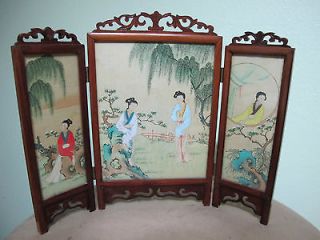   Panel Painting on Silk Wood Frame Glazed Double Face Table Screen