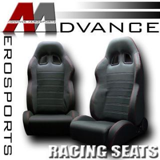 2x Microfiber Fabric JDM Blk & Red Stitch Reclinable Racing Seats 