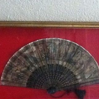   ASIAN CHINESE JAPANESE FRAMED FAN HND PAINTED SILK TEXTURED DETAILED