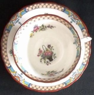 Tuscan Teacup and Saucer HPT Basket of Flowers Iron Red Trims Art 