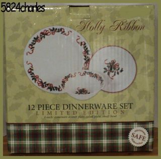12pc Dinnerware Set Holly & Ribbon LE ( STONEWARE ) NEW Christmas 