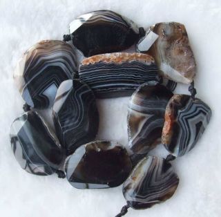 Natural Black Stripe Freeform Flat Nugget Faceted Agate Gemstone Beads 