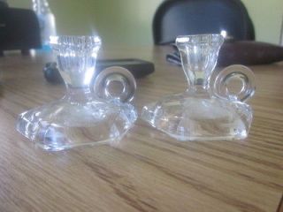 ANTIQUE TWO CLEAR GLASS MINI CHAMBER CANDLESTICK HOLDERS 2 TALL 2 