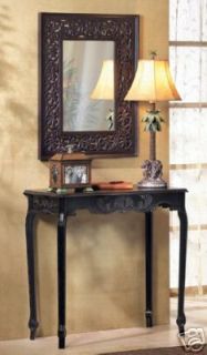Scallop detail Hall Table distressed black finish sofa
