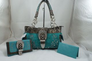   Montana West Cowgirl Rhinestone Belt Buckle Turquoise Handbag + Wallet