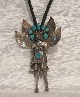 Navajo Sterling Silver, Turquoise and Coral Kachina Bolo Tie Signed 