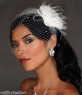 IVORY Fan Fascinator Clip & Rhinestone Birdcage Bridal Veil Headpiece 