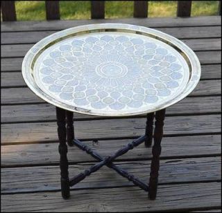 Islamic Brass Tea Coffee Table Tray Silver Copper Wooden Stand