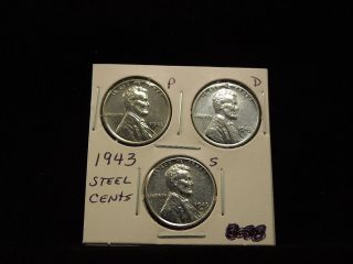1943 P,D,S, Lincoln Wheat Reprocessed Steel Cents, Penny,3 Coin Set 