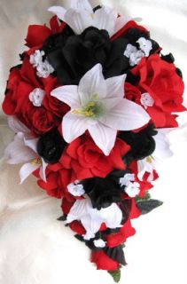 Wedding bouquet Bridal Silk Flowers BLACK RED WHITE LILY 21pc bouquets