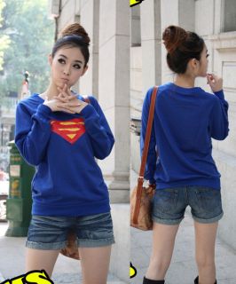   Women Girl Fashion Casual Superman Print Long Sleeve Blue T shirt Top