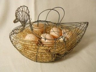 Vintage Wire Chicken Egg Collecting Basket Holder with Grass and Eggs